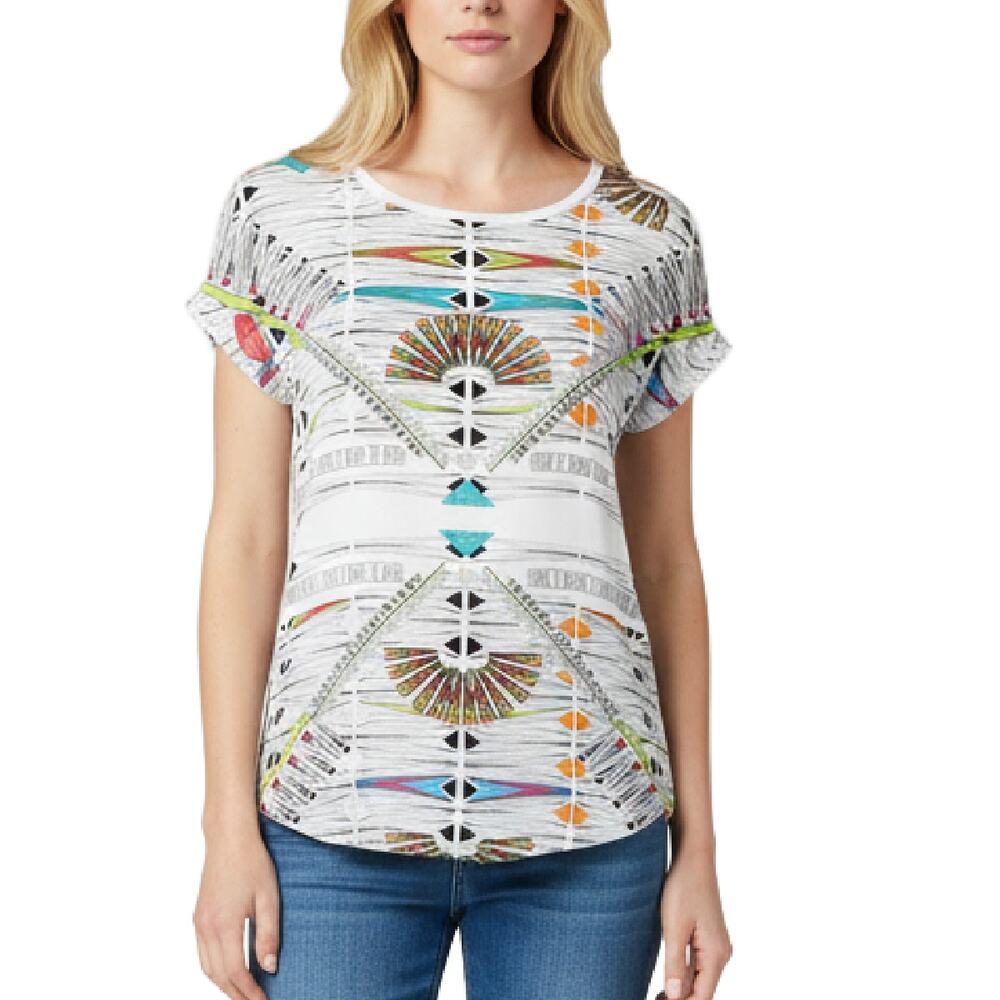 SANDRO Silk Linen Geo Print Tee Top Off-white Multicolor Small 4 Cap Sleeve